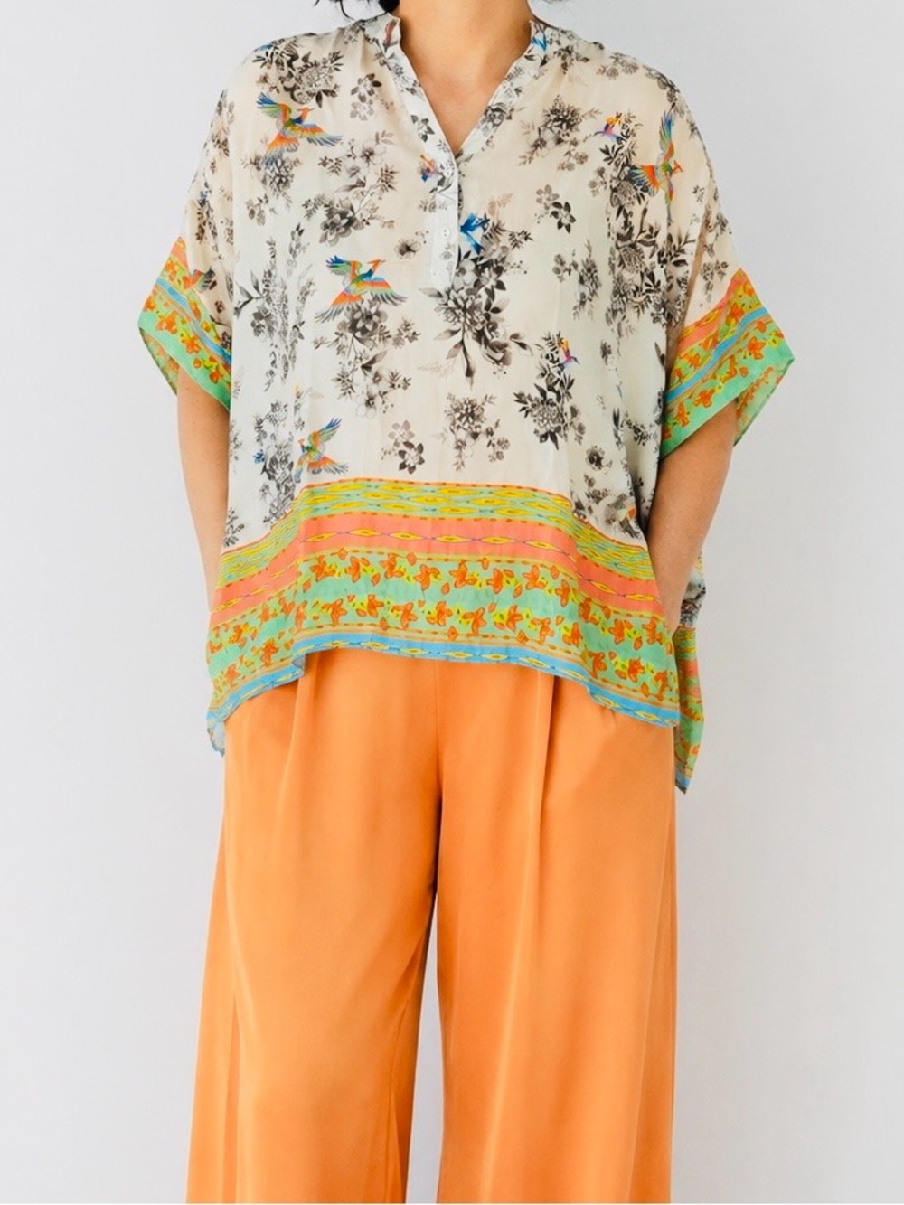 Johnny Was Silk Chiffon Floral Bird Kaftan Blouse Sheer V-Neck XL